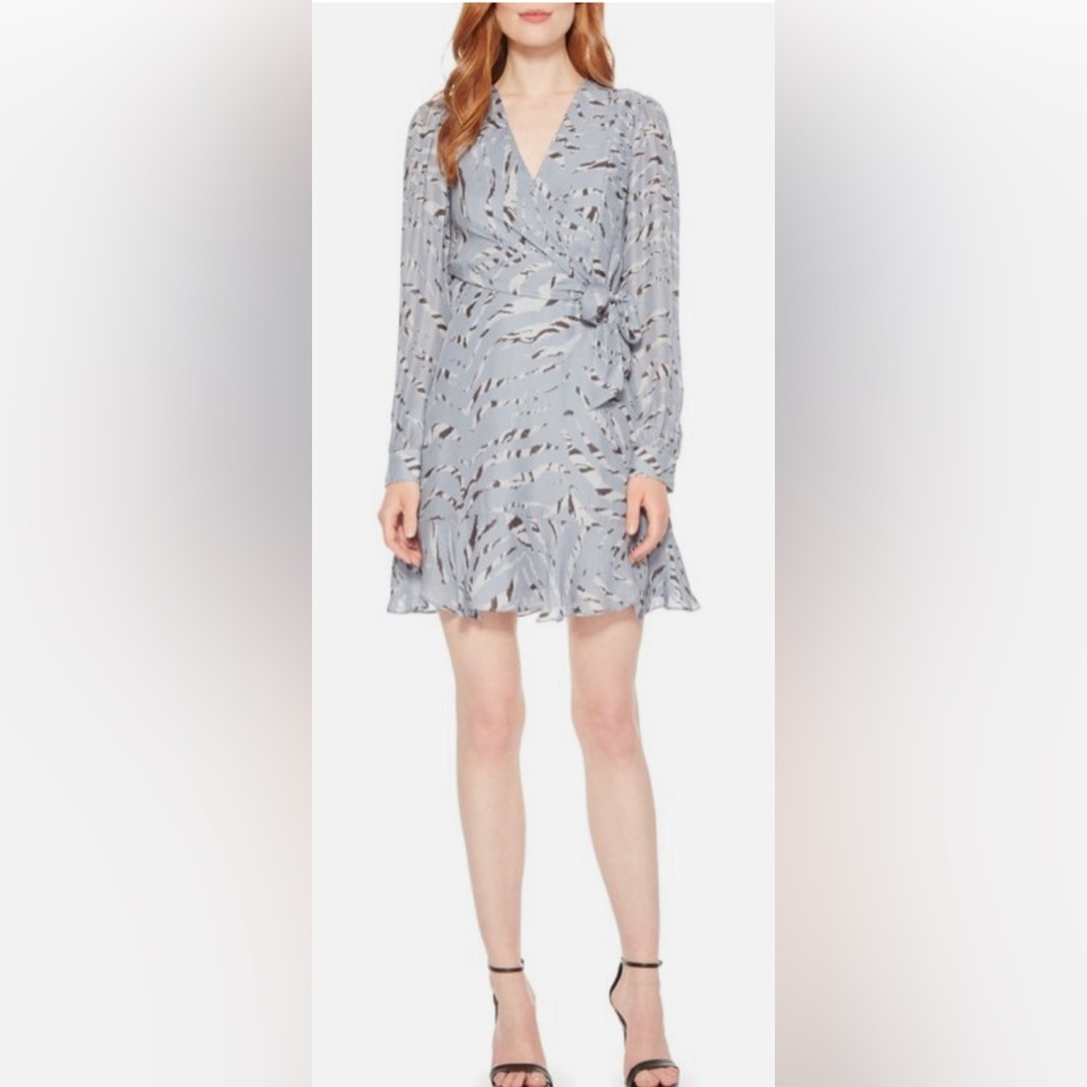 PARKER Zebra Print Puff Sleeve Ruffle Hem Wrap Dress in Light Blue